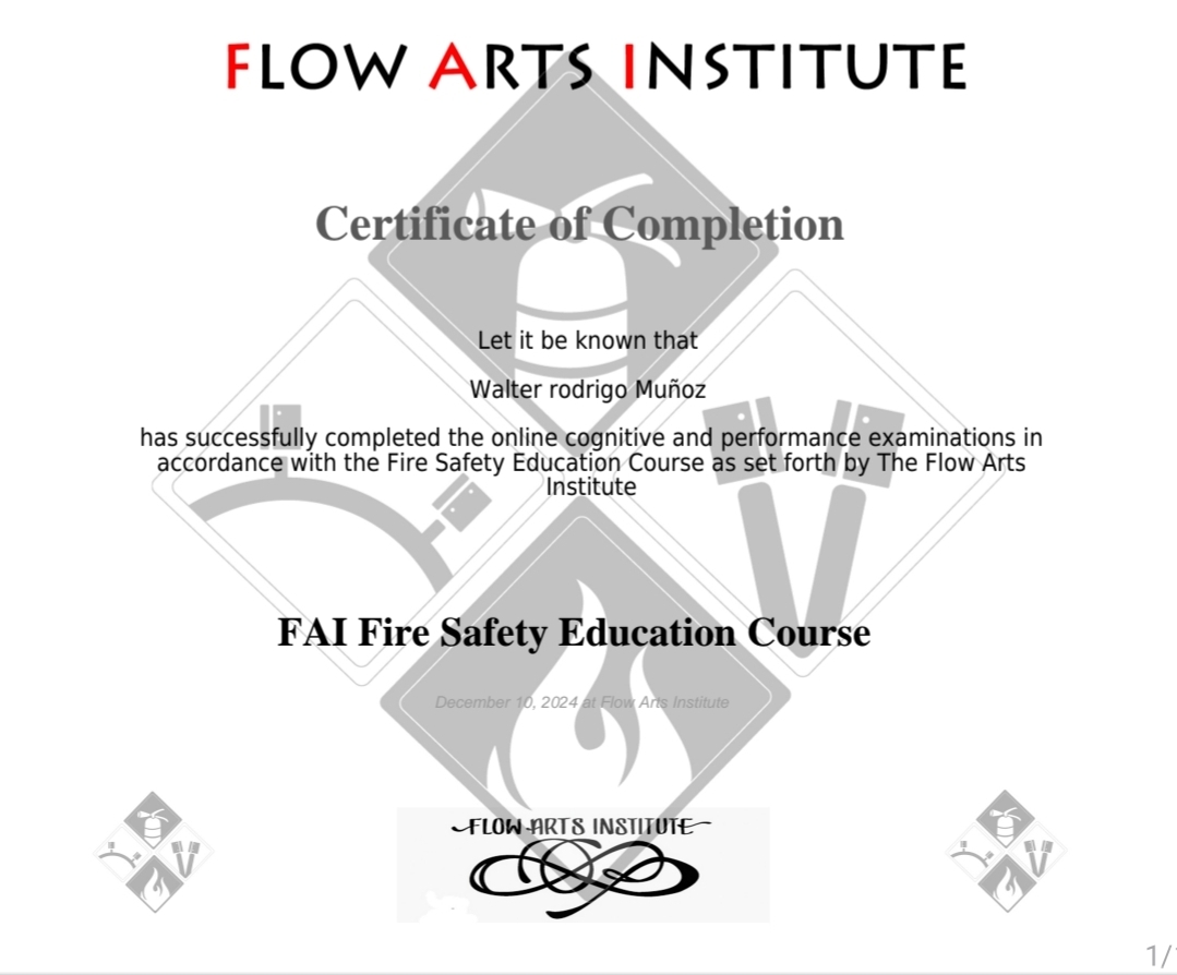 FAI Fire Safety Education Course Certificate of Completion — Walter Rodrigo Muñoz, Flow Arts Institute, December 10, 2024